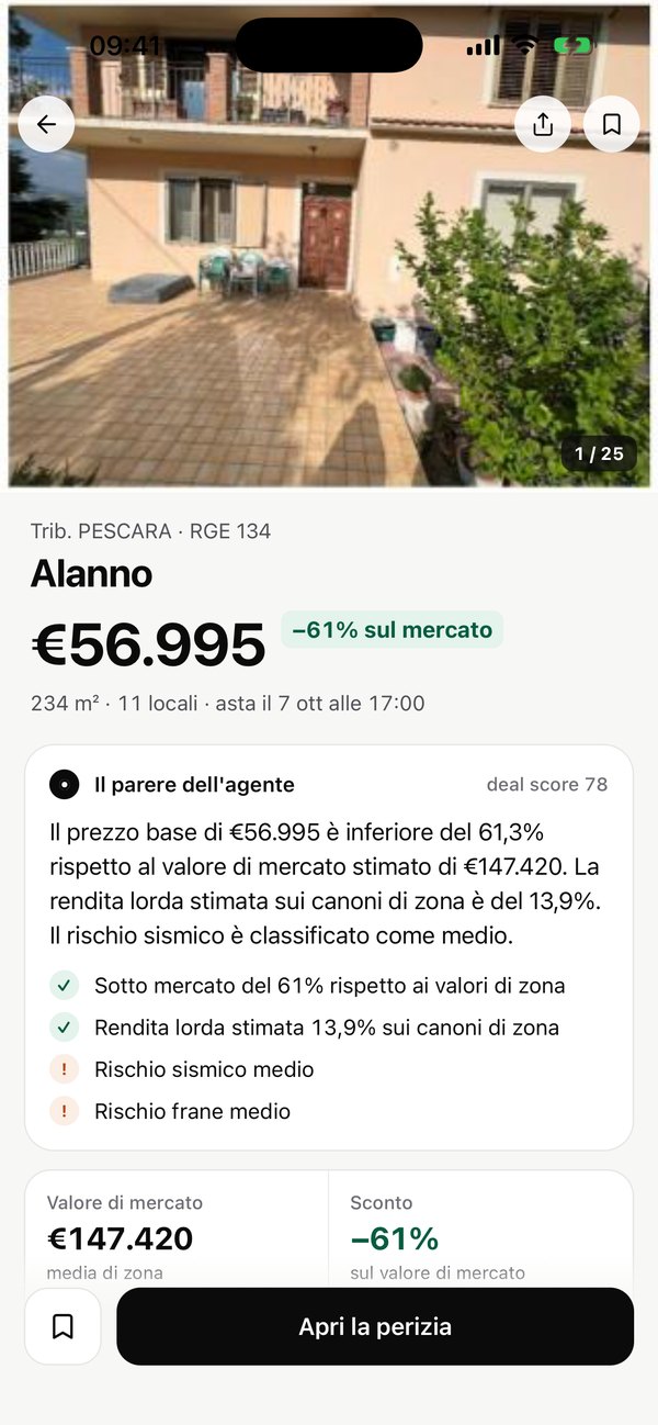Dettaglio di un'asta con il parere dell'agente e lo sconto sul valore di mercato